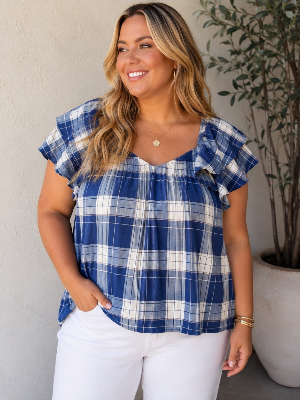 Torrid Size 1 Blue Plaid Flannel Flutter Sleeve Cotton Blend Top